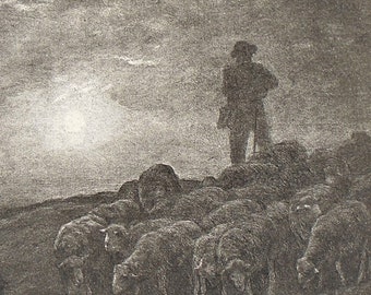Charles Jacque, 19th-c. engraving "L'abreuvoir aux moutons (claire de lune)," Barbizon School