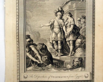 1700s Monnet Walker Copper-Plate Engraving, "The Departure of Telemachus from Egypt"