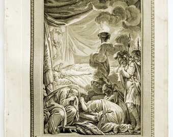 King Sesostris, late 1700s Monnet Grignion Copper-Plate Engraving, "The Death of the Great King Sesostris"