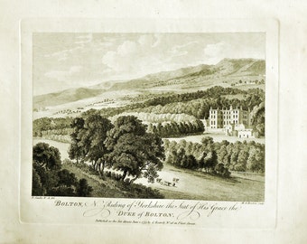 Yorkshire, 1775 Rooker Sandby Copper Plate Engraving, Seat of the Duke of Bolton