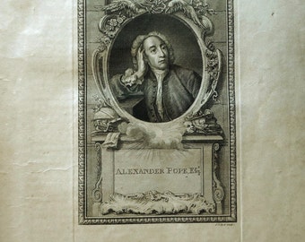 Alexander Pope Portrait, 1700s Collyer Kearsly Copper-Plate Engraving