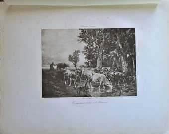 Charles Jacque, 19th-c. engraving "Troupeau de vaches a l'Abreuvoir," Barbizon School