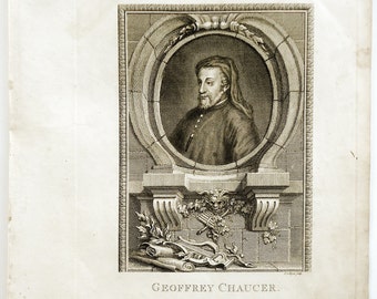 Geoffrey Chaucer Portrait, 18th c. Collyer Kearsly Copper-Plate Engraving