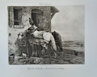 Charles Jacque, 19th-c. engraving "Chevaux de palage a la porte d'une auberge," Barbizon School