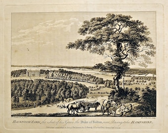 Hackwood Park, 1775 Sandby Rooker copper-plate engraving. Hackwood Park, Seat of the Duke of Bolton