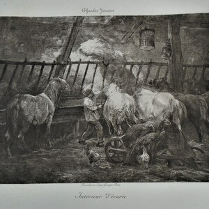 Charles Jacque, 19th-c. engraving "Interieure d'ecurie," Barbizon School