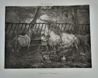 Charles Jacque, 19th-c. engraving "Interieure d'ecurie," Barbizon School