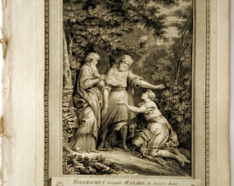 Telemachus, Hazael, Mentor. 1700s Monnet Walker Copper-Plate Engraving, "Telemachus entreats Hazael to receive him as a Slave with Mentor"