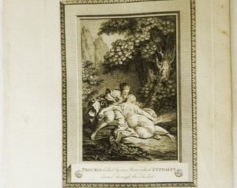 Procris and Cephalus, 1700s Monnet Walker Copper-Plate Engraving, "Procris killed by an Arrow, which Cephalus darted through the Thicket"