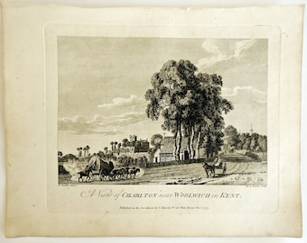 Kent, 1775 Sandby Rooker Copper Plate Engraving, "A View of Charlton near Woolwich in Kent."