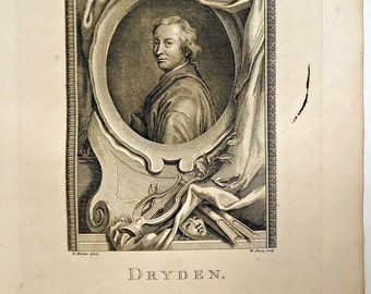 John Dryden Portrait, 1700s W. Sharp Engraving