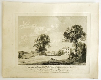 Harcourt, 1775 Sandby Rooker Copper Plate Engraving, "Seat of the Right Hon, the Earl of Harcourt at Nuneham."  Free shipping.