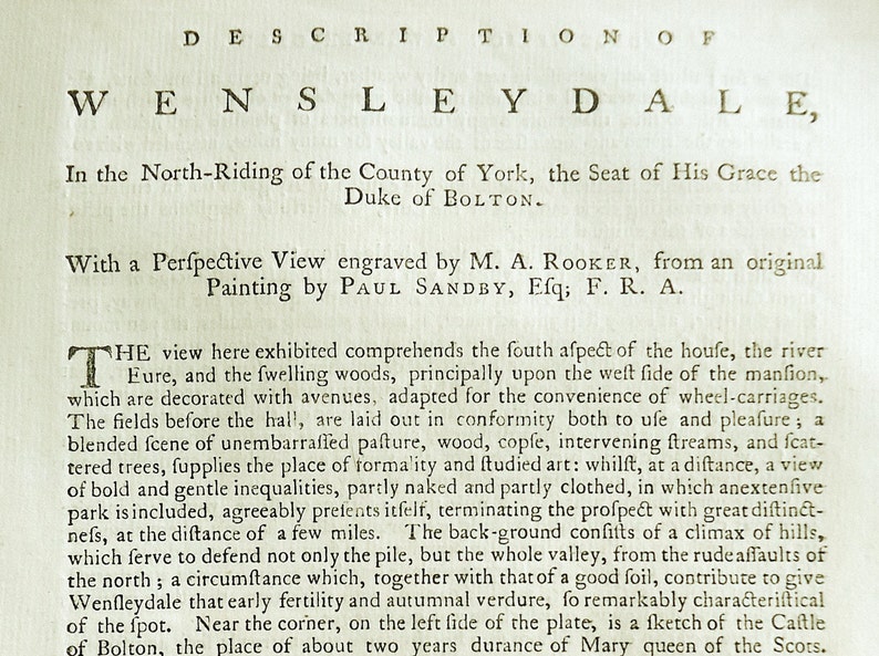 Yorkshire, 1775 Rooker Sandby Copper Plate Engraving, Seat of the Duke of Bolton image 4