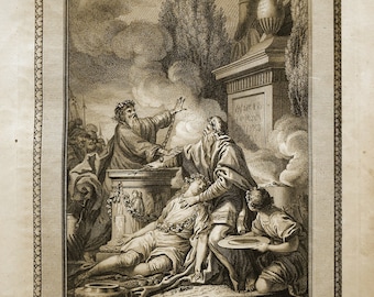 Telemachus and Mentor, 1774 Monnet Walker Copper-Plate Engraving, "Telemachus and Mentor at the Altar, preparing to be sacrificed"