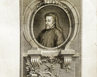 Geoffrey Chaucer Portrait, 18th c. Collyer Kearsly Copper-Plate Engraving