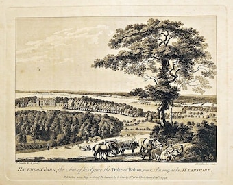 Hackwood Park, 1775 Sandby Rooker copper-plate engraving. Hackwood Park, Seat of the Duke of Bolton