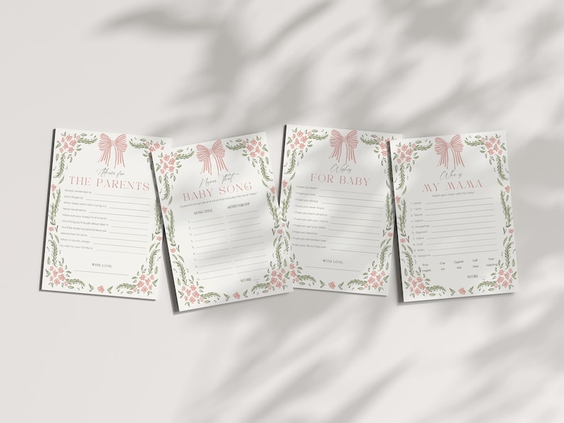 May include: Four baby shower game cards with floral and bow designs. The cards have text that reads "Advice for the Parents", "I Know That Baby Song", "Wishes for Baby", and "Advice for My Wama".