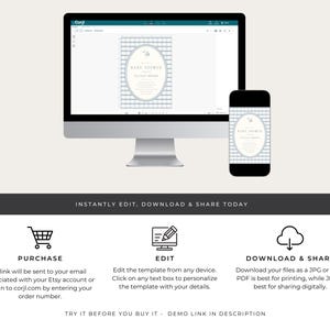 Blauwe gingang babyshoweruitnodiging | Bewerkbare digitale sjabloon | Afdrukbare uitnodiging babyjongen afbeelding 6