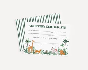 Jungle Animal Adoption Certificate: Editable Safari Birthday Party Favor