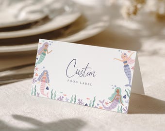 Mermaid Food Labels Editable | Under the Sea Place Cards Printable | Pastel Mermaid Birthday Buffet Labels