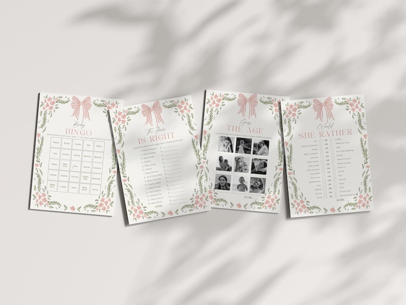 Baby Shower Games Bundle | 20 Floral Bow Printable Games | Girl Shower Activities | Editable Templates image 6