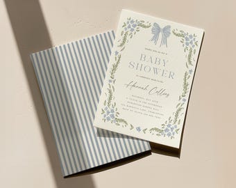Bewerkbare sjabloon voor babyshoweruitnodiging met bloemenstrik | Blauwe bloemen babyshoweruitnodiging | Direct downloaden