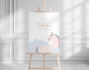 Einhorn Geburtstag Willkommensschild: Bearbeitbares Pastell Regenbogen Dekor (Instant Download)