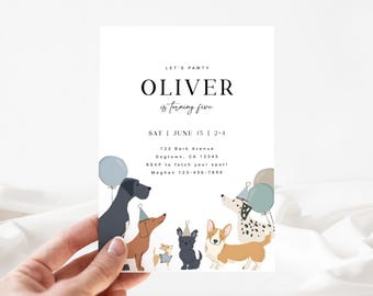 Puede incluir: Una tarjeta de invitación blanca con el texto "OLIVER cumple cinco años" y detalles del evento. La tarjeta presenta ilustraciones de varias razas de perros con gorros de fiesta y globos. La tarjeta está sostenida por una mano.