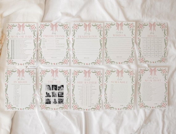 Baby Shower Games Bundle | 20 Floral Bow Printable Games | Girl Shower Activities | Editable Templates