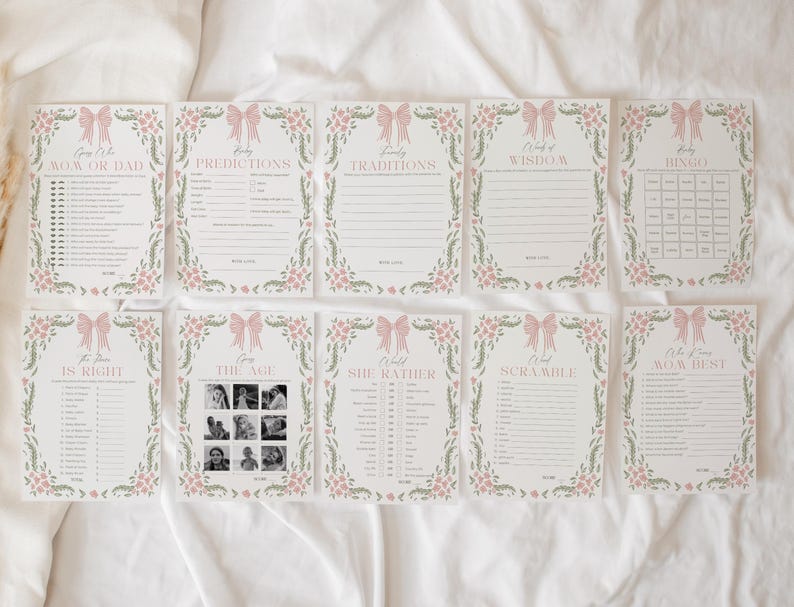 May include: A set of ten printable baby shower game cards. Each card features a pink bow and floral border. Games include "Who Knows Mom or Dad", "Predictions", "Traditions", "Words of Wisdom", "Bingo", "Is Right", "The Age", "She Rather", "Scramble", and "Who Knows Mom Best".