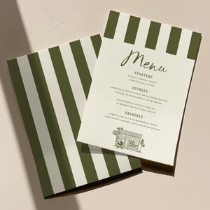 May include: Two menu cards with a green and white striped design. The top card displays the word "Menu" in cursive, followed by a list of starters, entrees, and desserts. A small illustration of a building is at the bottom.