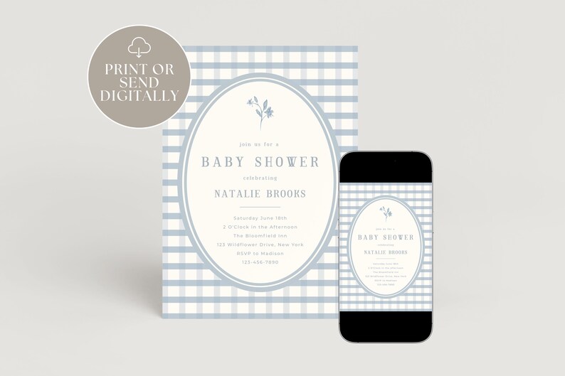Blauwe gingang babyshoweruitnodiging | Bewerkbare digitale sjabloon | Afdrukbare uitnodiging babyjongen afbeelding 5