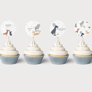 Dog Birthday Cupcake Toppers | Editable Puppy Pawty Party Round Cake Topper | Dog Theme Party Decor | Instant Download