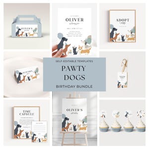 Dog Birthday Party Bundle | Pawty Dogs Party Bundle | Editable Puppy Pawty Printable Invite, Tags, Signs, Toppers & More | Instant Download