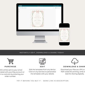 May include: A computer monitor and smartphone display a baby shower invitation template. The invitation features a floral design with a pink bow and the words "Baby Shower". The image also includes icons for purchase, edit, and download.