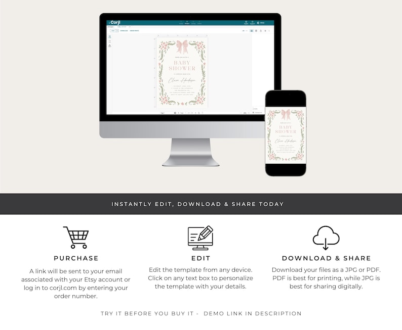 May include: A computer monitor and smartphone display a baby shower invitation template. The invitation features a floral design with a pink bow and the words "Baby Shower". The image also includes icons for purchase, edit, and download.