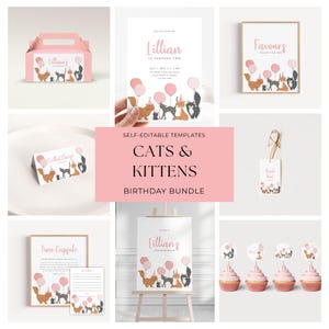 May include: A collection of pink and white cat-themed birthday party supplies. Includes invitations, favor tags, cupcake toppers, and a sign. The designs feature illustrations of cats, kittens, and balloons. The text includes "Lillian" and "Cats & Kittens Birthday Bundle".