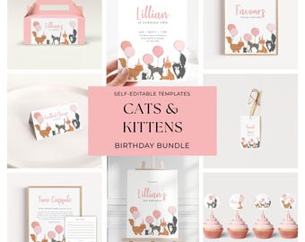 May include: A collection of pink and white cat-themed birthday party supplies. Includes invitations, favor tags, cupcake toppers, and a sign. The designs feature illustrations of cats, kittens, and balloons. The text includes "Lillian" and "Cats & Kittens Birthday Bundle".