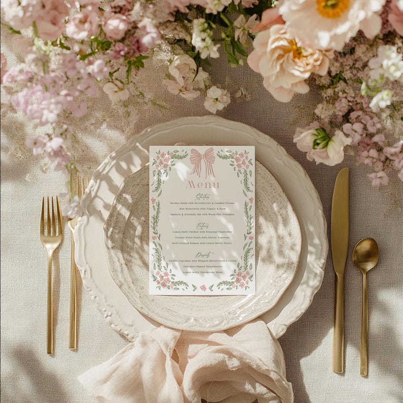May include: A formal table setting with a menu card, plates, and gold cutlery. The menu card features a pink bow and floral design. The table is decorated with pink flowers and a linen napkin. The overall theme is elegant and romantic.