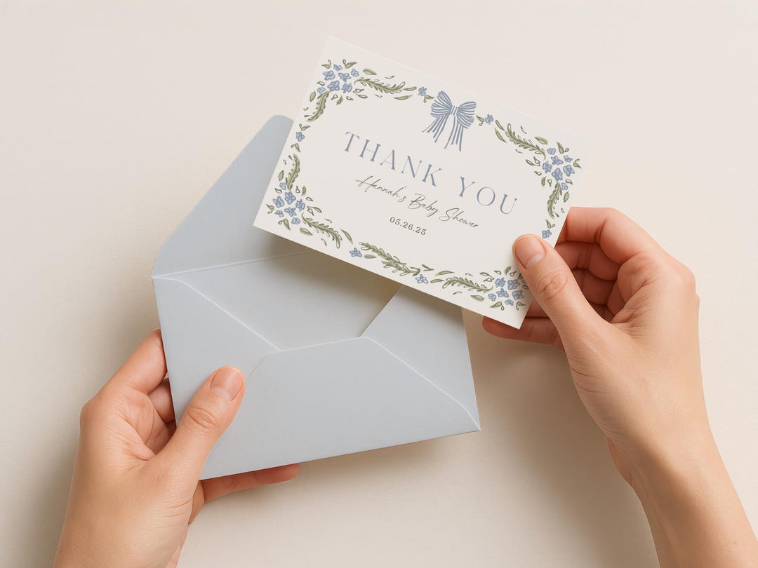 Editable Baby Shower Thank You Card Template | Floral Bow Baby Shower ...