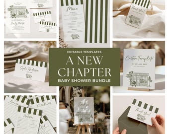 A New Chapter Baby Shower Bundle | Book Theme Editable Templates | Invitation, Games, Signs & More | Instant Download