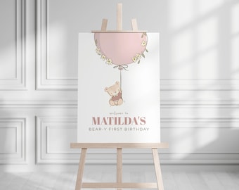 Welkomstbordje roze teddybeer 1e verjaardag (bewerkbare digitale download)