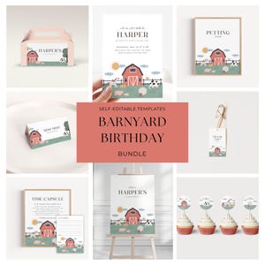 Barnyard Birthday Party Bundle | Editable Farm Party Set | Printable Farm Animal Decorations & Invite | Instant Download