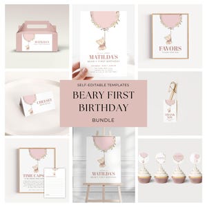 Bewerkbare bundel eerste verjaardag Beary | Uitnodiging voor teddybeerfeestje en printables | Bundel eerste verjaardag meisjes | Direct downloaden