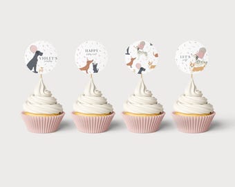 Dog Cupcake Toppers Printable | Puppy Party Stickers | Pawty Dogs Birthday Cupcake Decor | Editable