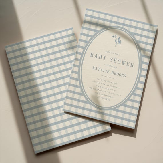 Blue Gingham Baby Shower Invitation | Editable Digital Template | Printable Baby Boy Invite