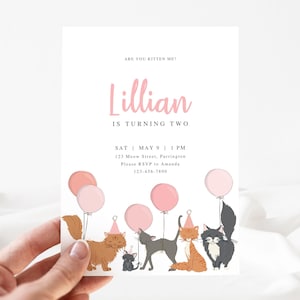 Editable Cat Birthday Invitation: Girls Kitty Party Invite with Pink Balloons