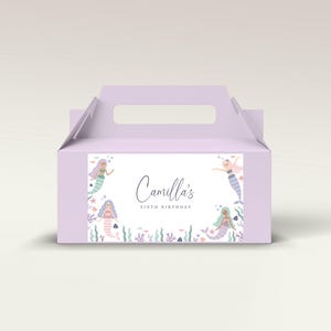 Editable Mermaid Gable Box Label | Pastel Mermaid Party Favor Sticker | Digital Template | Instant Download
