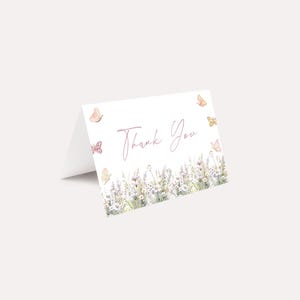 Cartão de agradecimento com borboleta editável | Cartão de agradecimento com flores para aniversário editável | Cartão de lembrancinha com flores para jardim | Download instantâneo