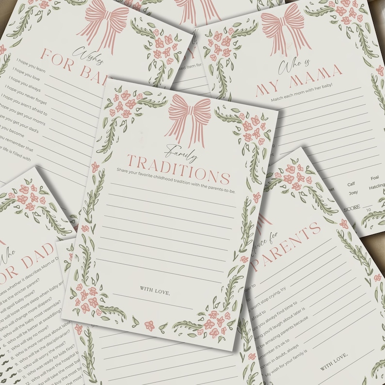 May include: A collection of baby shower game cards. Each card features a pink bow and floral design. The cards have prompts like "Wishes for Baby," "Who is My Mama," and "Advice for Parents." The text is in a soft, elegant font.